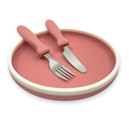 Smikkels - Kinderteller aus Silikon mit Besteck - Pink