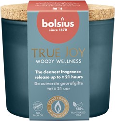 Bolsius Duftglas Wellness Duftkerze mit Kork Woody True Joy 66/83