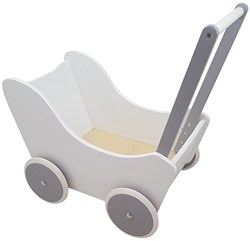 Playwood Holz Puppenwagen weiß silber mit Gummireifen und Decke