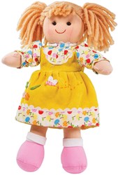 BigJigs Kuschelpuppe Daisy - weiche Stoffpuppe mit gelbem Kleid - 28 cm