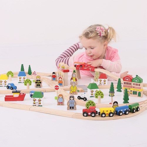 BigJigs Holz Eisenbahnset Stadt und Land - 101-teiliges Spielzeug-3