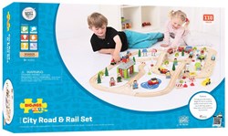 Bigjigs Holz Stadt Eisenbahn und Autoset - 110-teiliges Spielzeug