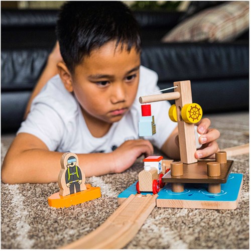 BigJigs Holz Eisenbahn Zubehör Kran-Dock, Dinghy und Taucher Spielzeug-2