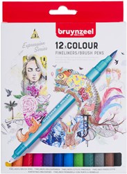 Bruynzeel Fineliner Brushpen Set - 12 Farben - Kreative Stifte