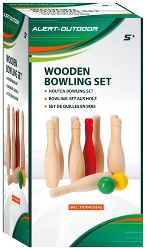 Alert Holz Bowling Set Outdoor mit Aufbewahrungsnetz für Kinder