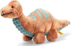 Steiff 087837 Original Plüschtier Bronko Brontosaurus, Soft Cuddly Friends Kuscheltier ca. 28 cm, Markenplüsch mit Knopf im Ohr, Schmusefreund für Babys von Geburt an, Dunkelorange und Petrol