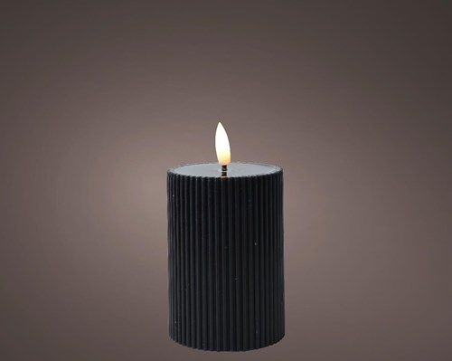 Lumineo LED Stumpenkerze schwarz geriffelt mit Flammeneffekt und Timer 13cm