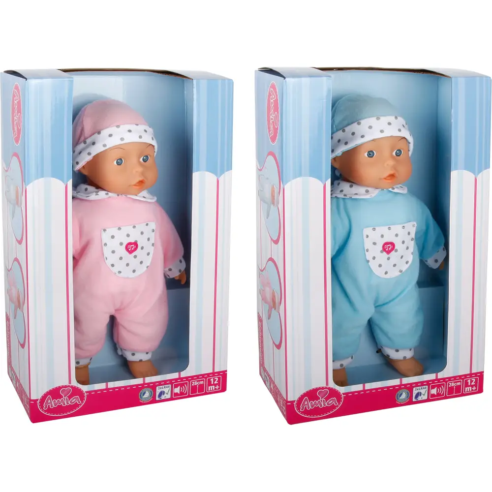 Amia Puppe mit Mütze, interaktives Spielzeug, 28 cm, blau oder rosa