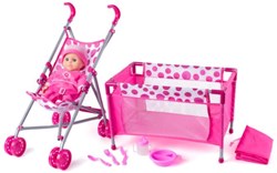 Puppenbett, Buggy, Puppe mit Zubehör. 91857