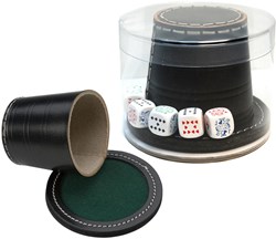 HOT Games Pokerbecher Schwarz Leder mit Deckel und Pokerdice 9x8cm