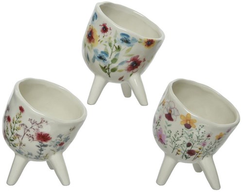 Decoris Blumentopf Dolomit Blumenmuster weiß 11,4cm Pflanzgefäß dekorativ