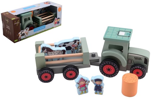 Johntoy Holztraktor Bauernhof Spielzeug mit Zubehör Fien & Teun
