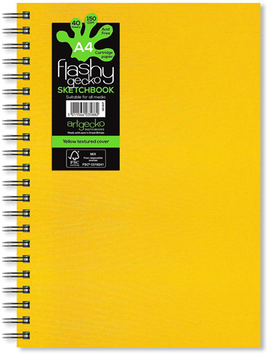 Artgecko Artgecko Flashy Spiral-Skizzenbuch, A4, Hochformat, 150 g, 40 Blatt, weiß-gelber Einband
