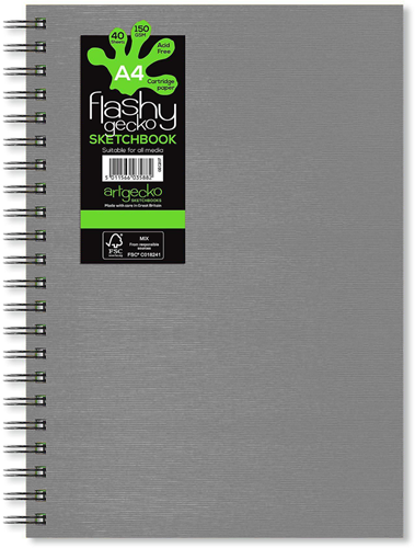 Artgecko Artgecko Flashy Spiral-Skizzenbuch, A4, Hochformat, 150 g, 40 Blatt, weiß-grauer Einband