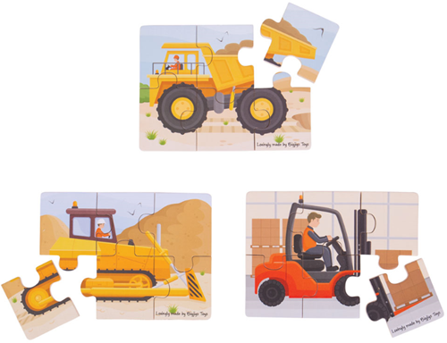 BigJigs Holzpuzzle Baufahrzeuge - 6 Teile - 3 Puzzles-2