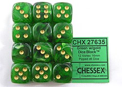 Chessex Vortex grün/gold D6 16mm Würfelset (12 Stück)