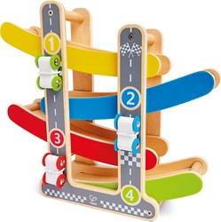 Hape E0438 Flickflack-Rennbahn, inkl. DREI Autos, Autorennbahn aus Holz, ab 18 Monate