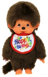 Sekiguchi 242191 - Original Monchhichi Junge, Plüsch-Figur mit Aufdruck "Happy Birthday" auf dem Lätzchen, Kuscheltier aus braunem Plüsch, ca. 20 cm groß
